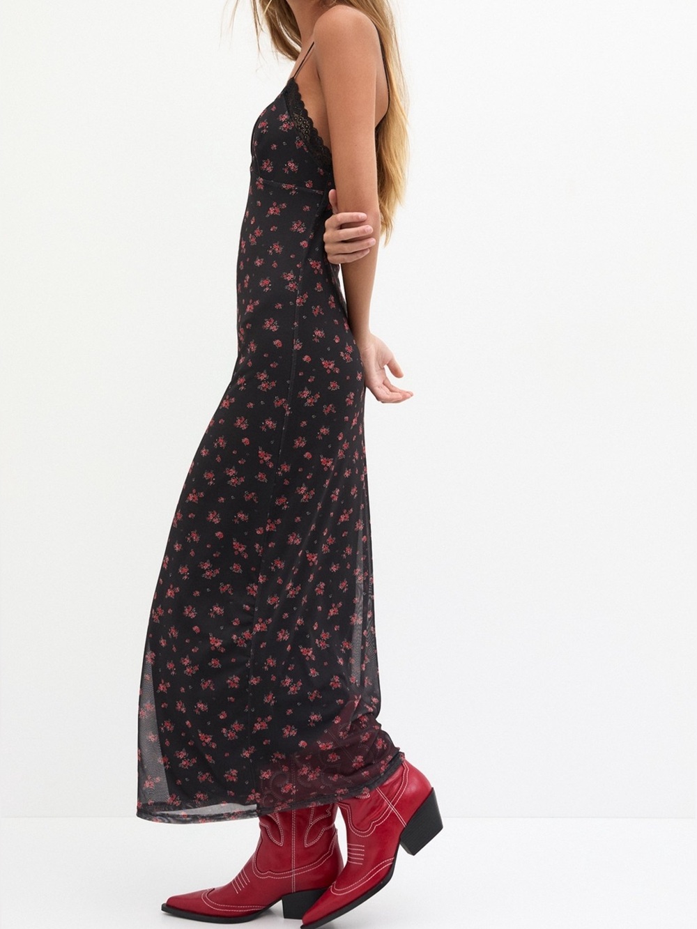 Pull & Bear 90’s Inspired Black Floral Slip Maxi Dress
